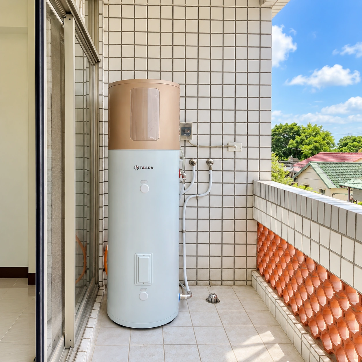 直立式熱水器設於開放陽台的磁磚牆邊，左側為玻璃拉門，右側矮牆下方有橘色通風磚。