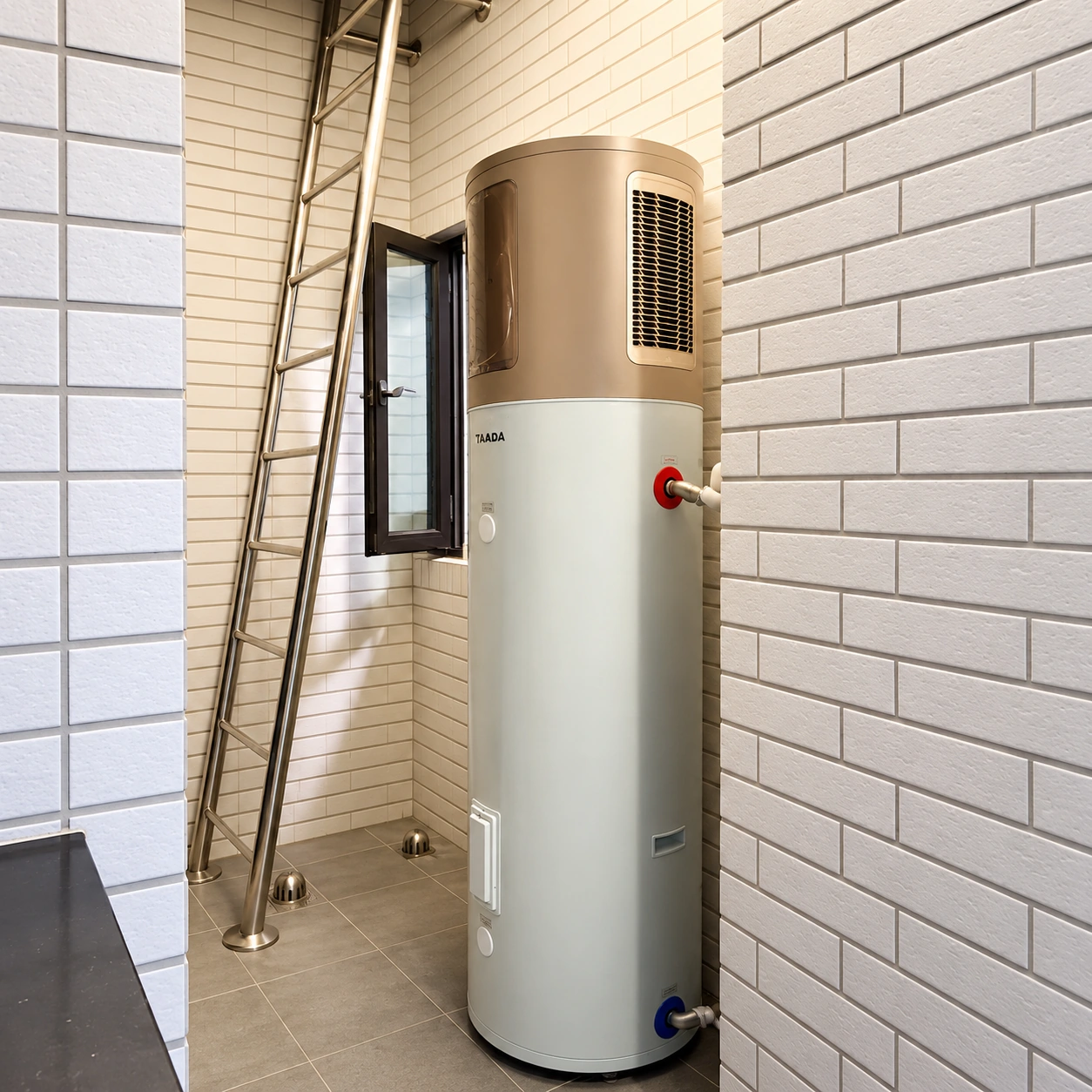 直立式熱水器設於淺色磁磚牆角，左側可見黑框窗與金屬爬梯，設備側邊有紅藍接頭。