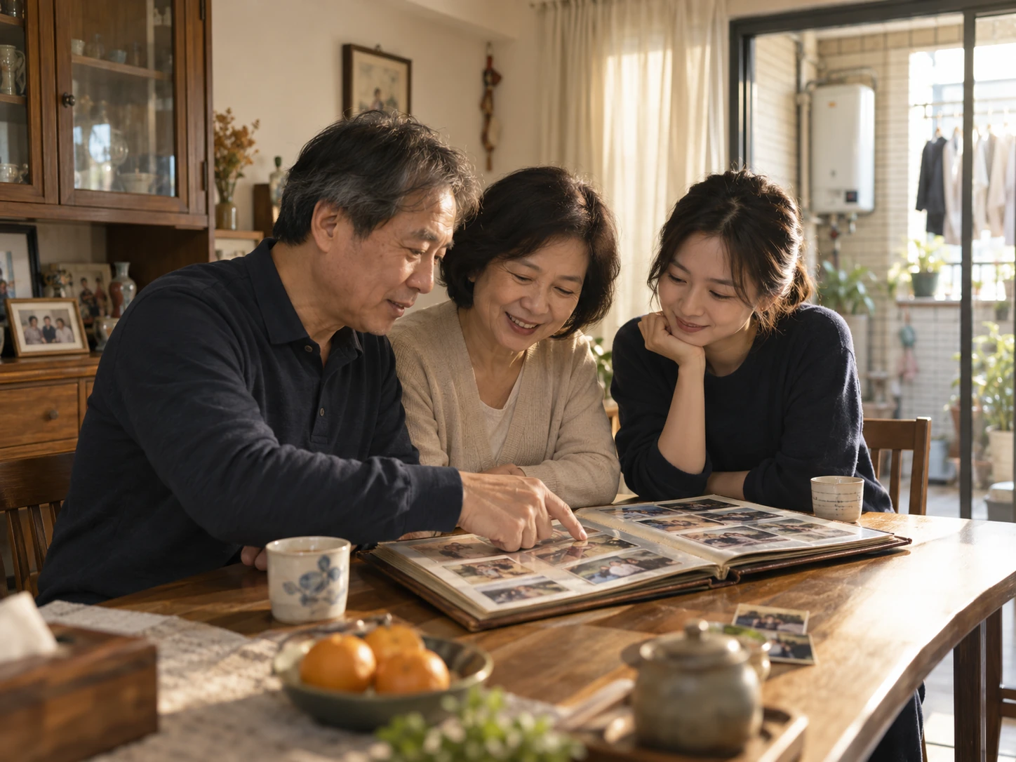 父母與成年孩子一起翻閱家庭相簿,回望孩子成長的記憶