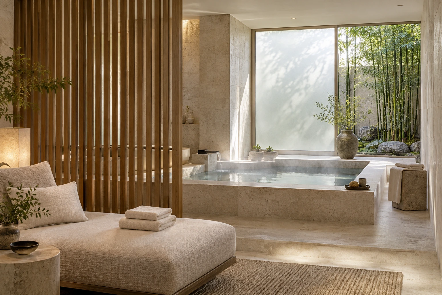 石材與暖木構成的高質感 SPA 會館(空間情境示意)