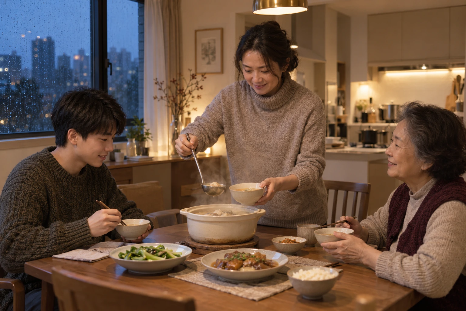 An illustrated Taiwanese family sharing a warm meal on a rainy evening