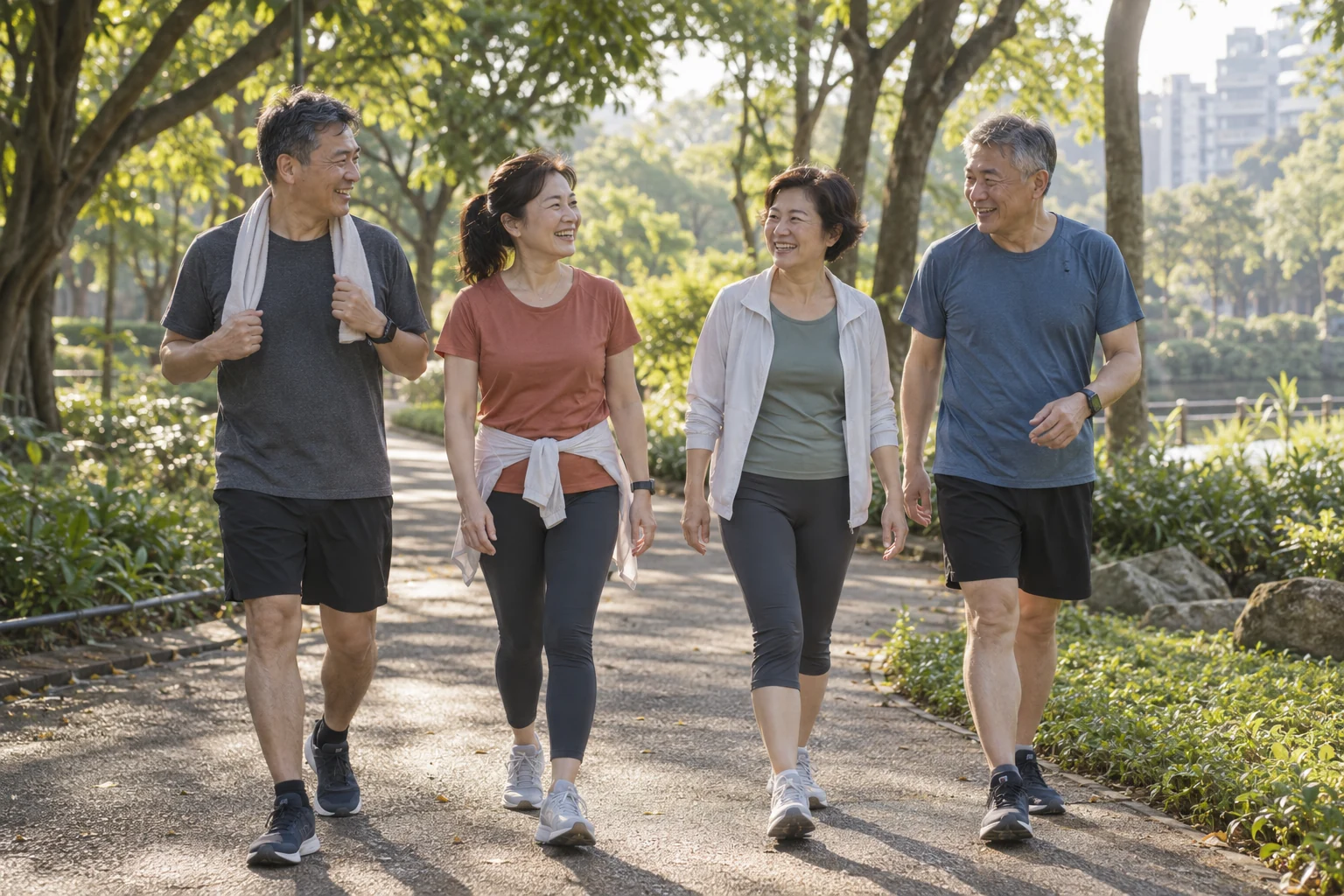 四位晨跑好友在陽光灑落的公園步道放慢腳步，邊走邊交談