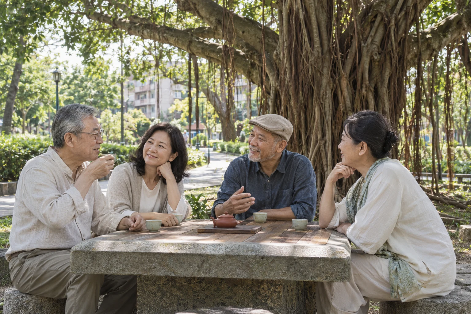 四位好友在公園榕樹下圍坐泡茶，輕鬆聊起家中的生活需求