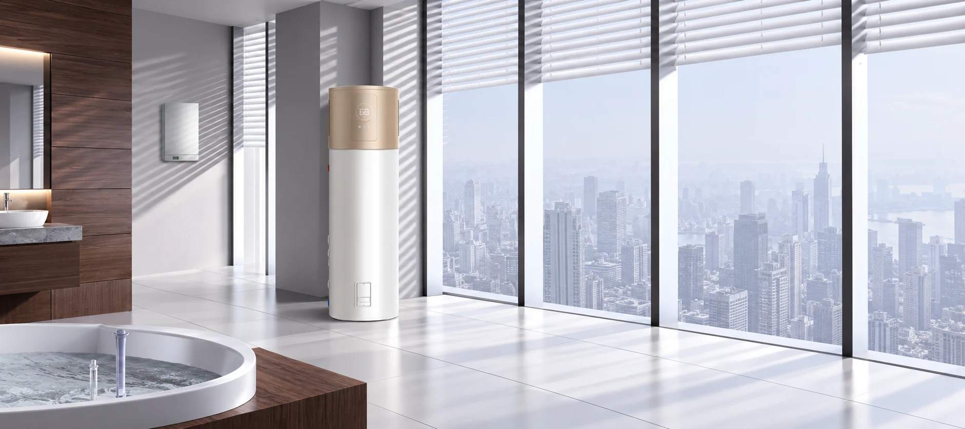 TAADA HP200 金色機頂熱泵熱水器位於明亮的現代住宅陽台