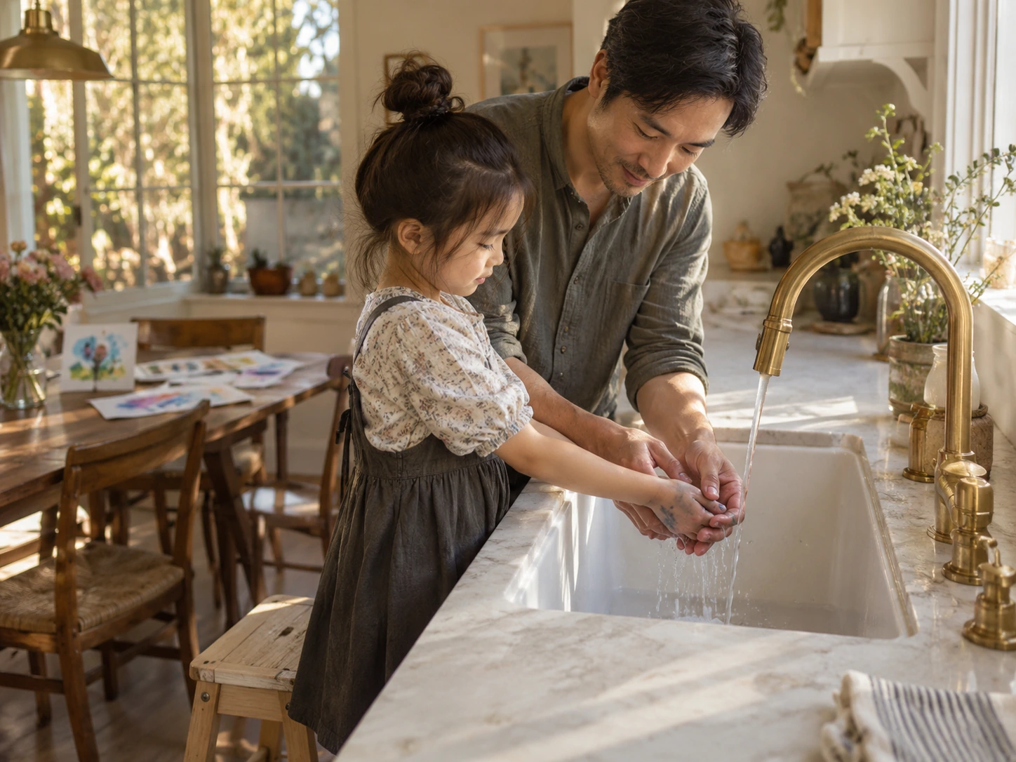 父親陪著剛畫完水彩的女兒,在家中水槽洗淨雙手